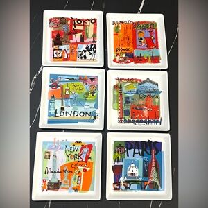 6 Crate & Barrel Road Trip City Scenes Appetizer Plates Global Cities 6” White